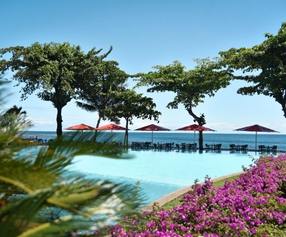 An empty infinity pool reflects the clear blue sky, with tables and red umbrellas set up on the deck overlooking the ocean. Lush green trees line the edge of the pool, and vibrant purple flowers bloom in the foreground.