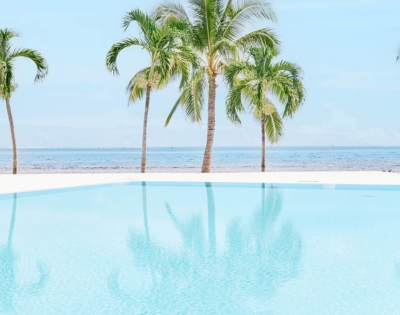 A bright blue infinity pool with reflections of palm trees overlooks a sandy beach and the ocean under a clear sky.