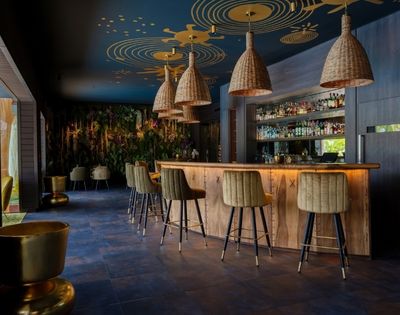 Warm, upscale bar interior with a glowing wood counter, upholstered stools, woven pendant lights, and a stocked back bar, creating a relaxed, intimate mood.