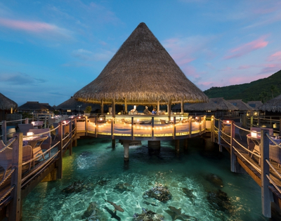 A thatched-roof overwater bar and restaurant at twilight, with illuminated walkways and tables, set in clear turquoise water where fish swim.