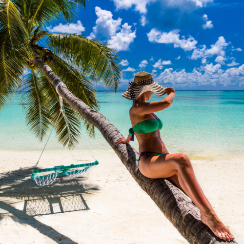 Woman in a green bikini sat on a palm tree overlooking beautiful blue waters. Clouds pepper the royal blue sky.
