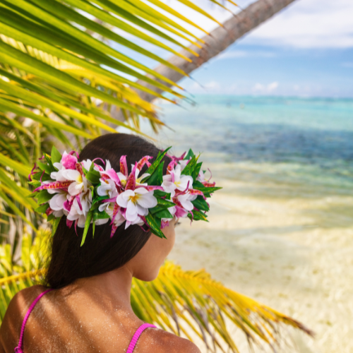 A person wearing a colorful floral crown looks out toward a clear turquoise lagoon, framed by arching palm fronds in the foreground. The tropical shoreline, bright greenery, and calm ocean water create a peaceful island setting under soft daylight.