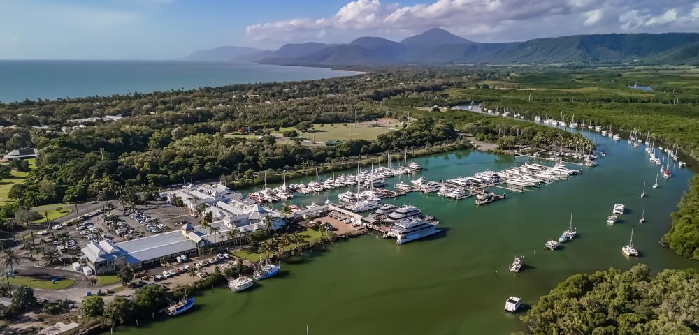 Aerial view of a bustling marina filled with various yachts and boats, with buildings and a parking lot on the shore. Lush green vegetation and mountains form the backdrop, meeting the calm blue sea.