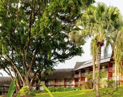 A large tree with lush green foliage dominates the left side of the frame, with a red building with balconies visible behind it, framed by palm trees and a manicured lawn.