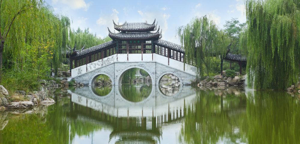 A traditional Chinese arched bridge with a covered pavilion on top, reflected in calm water surrounded by lush green willow trees.