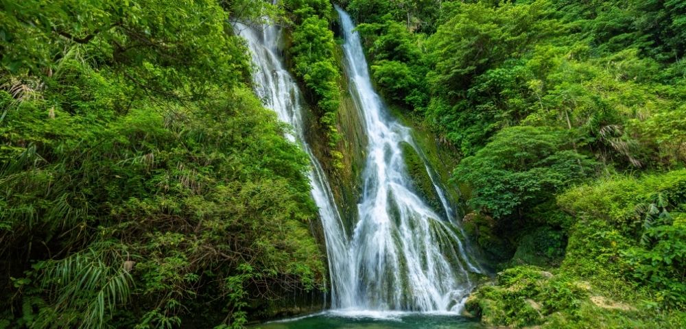 A tall, twin-stream waterfall cascades over a rocky cliff into a clear pool, surrounded by dense, vibrant green forest, creating a tranquil scene.