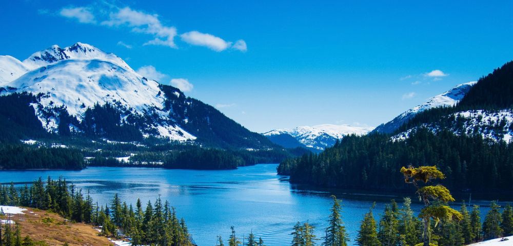A wide, bright blue lake is nestled between steep, snow-capped mountains covered in dark green pine forests, under a clear, bright blue sky with scattered white clouds.