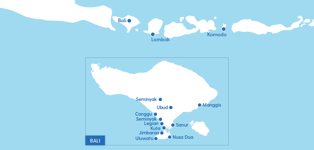 Map showing Bali and nearby islands like Lombok and Komodo. Detailed inset highlights Bali’s regions, including Ubud, Seminyak, and Uluwatu, on a blue background.