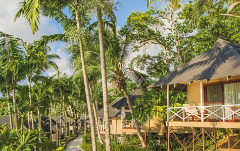 Tropical resort with thatched-roof bungalows on stilts surrounded by lush palm trees. Blue sky and clouds create a serene, inviting atmosphere.