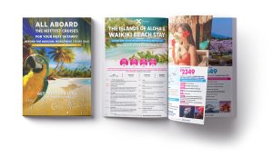 A travel brochure with a vibrant cover showing a parrot on a tropical beach. Inside pages feature colorful cruise and beach stay promotions, with images of exotic locations and a woman with a flower in her hair, conveying excitement and relaxation.