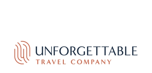 Logo for Unforgettable Travel Company features an abstract, orange fingerprint design above the name in dark blue and orange text on a white background.