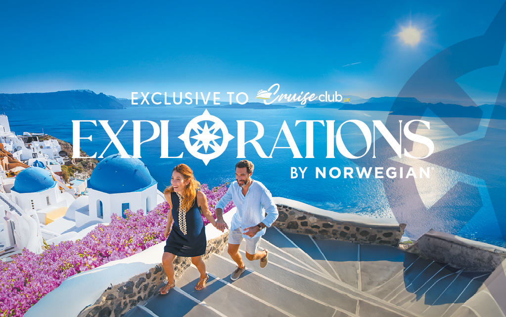 Couple joyfully walking up stairs in Santorini, Greece, with iconic blue-domed buildings. Text overlays promote 