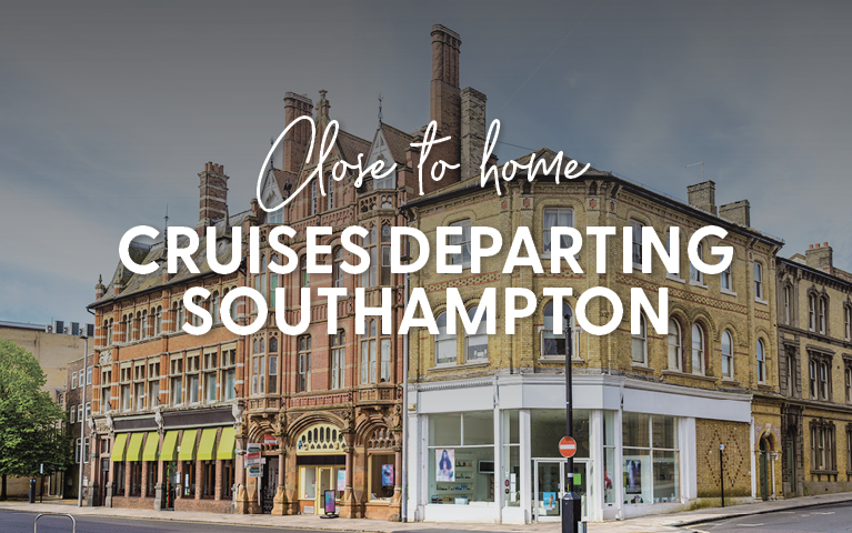 Historic brick buildings with ornate façades in Southampton feature text promoting local cruises. The atmosphere is inviting and nostalgic.