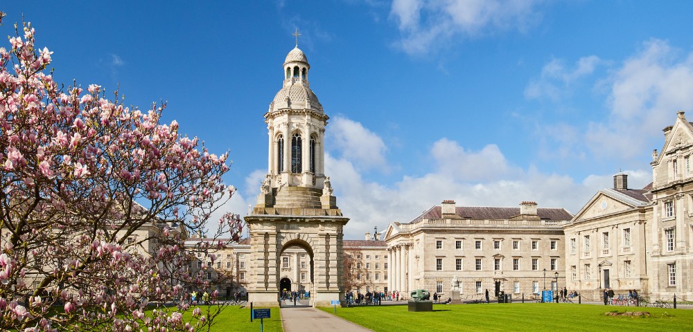 Historic square with a tall, domed clock tower, surrounded by classic stone buildings. Blooming cherry blossoms and a vibrant green lawn are in the foreground.