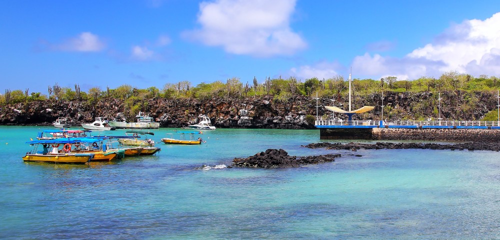 Calm turquoise waters with several small boats float near a rocky shoreline. A bright blue sky with fluffy clouds and green trees line the coast.
