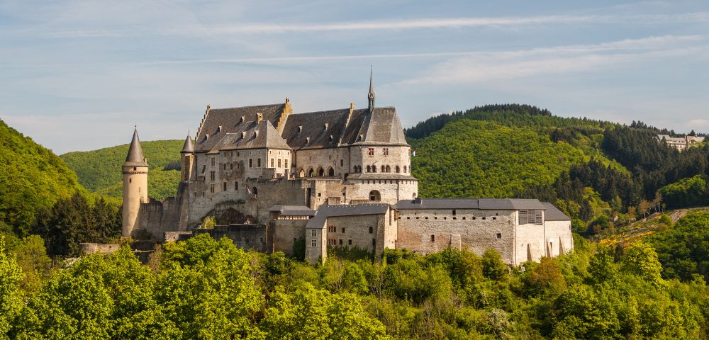 A majestic medieval castle with pointed towers and a steep roof stands amidst lush green hills and trees, under a clear blue sky, evoking a serene atmosphere.