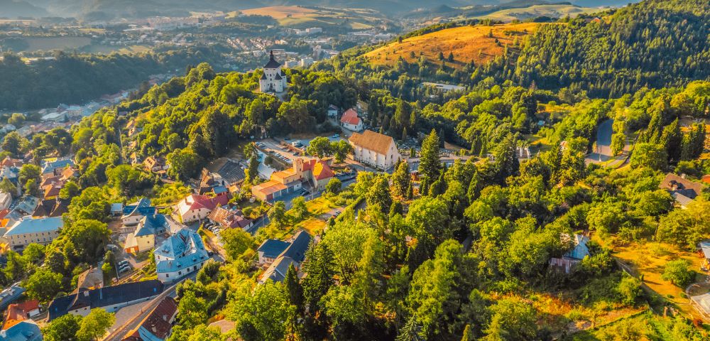 Aerial view of a historic town with colorful rooftops, dense green trees, a central castle on a hill, and rolling hills in the background under sunlight.