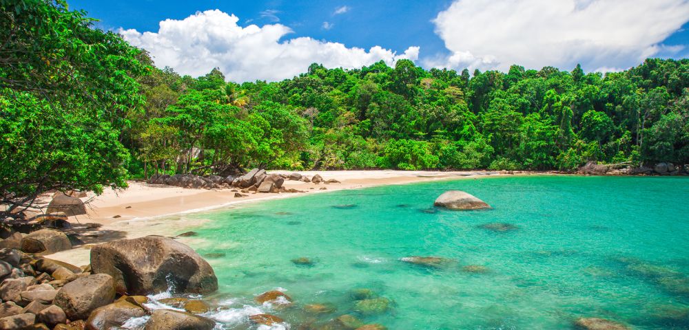 A serene tropical beach with turquoise waters and rocky shoreline, bordered by lush green forest under a bright blue sky with fluffy clouds. Calm and inviting.