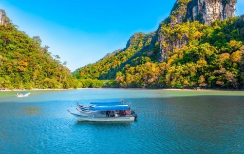Several traditional longtail boats with blue canopies are moored in the foreground of a tranquil, turquoise bay. Lush, green and yellow foliage covers the steep, rocky hillsides that rise dramatically from the water's edge, under a clear blue sky.