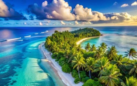 An aerial view of a lush tropical island with white sand beaches and vibrant turquoise waters, fringed by palm trees and dense green foliage, under a dramatic sky with scattered white clouds.
