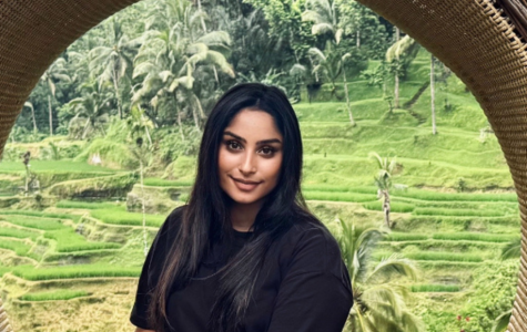 A woman poses inside a large woven circular frame, with lush green rice terraces and tropical palms behind her, creating a serene travel portrait.